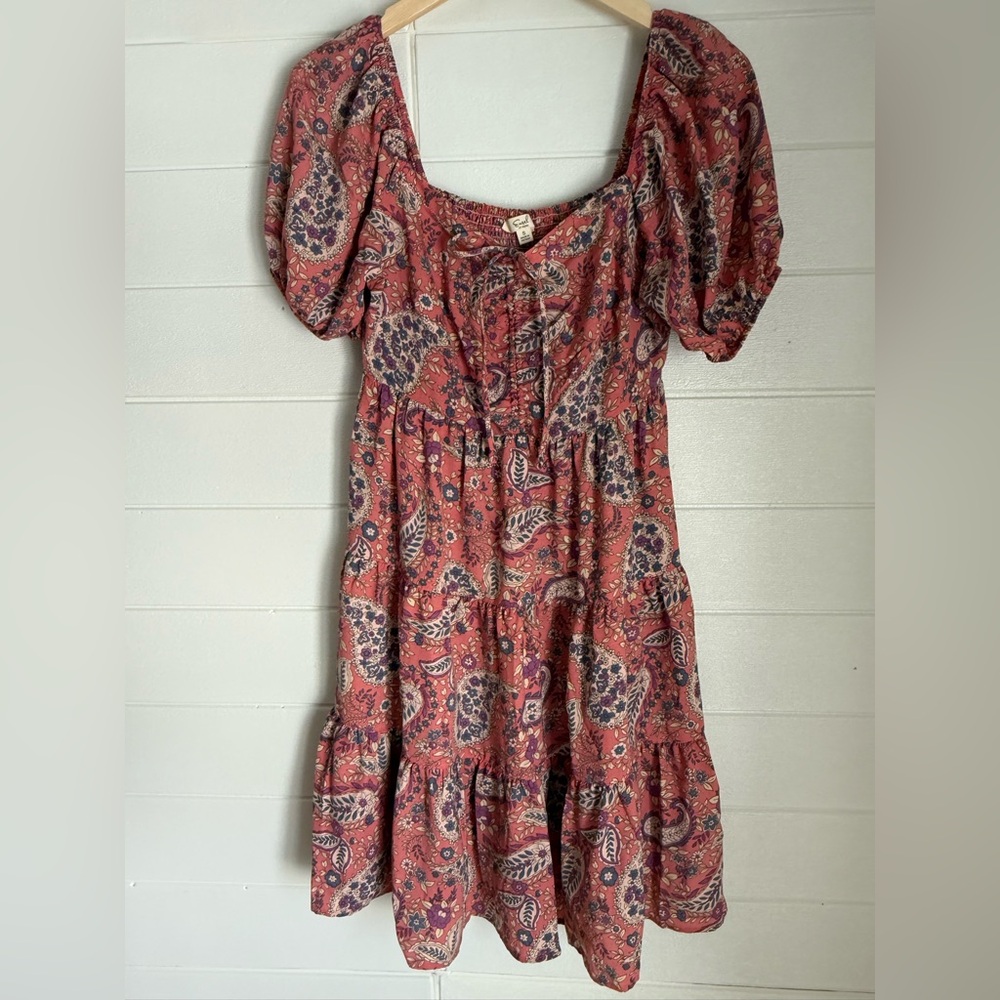 Boho Paisley Midi Dress in Orange and Green Cinch Bust